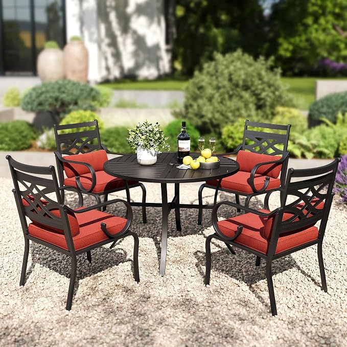 PHI VILLA Patio Dining Set, Round Metal Table | Metal chairs, Red, Umbrella Hole, Cushions, E-coated