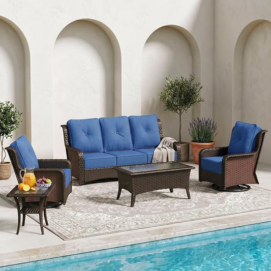 Sundale Outdoor 5 Piece Wicker Patio Furniture Set, High Back Outdoor Couch with Swivel Chairs & Coffee Table, 6" Thick Cushion Patio Conversation Sets with Deep Seating for Yard, Deck (Blue)