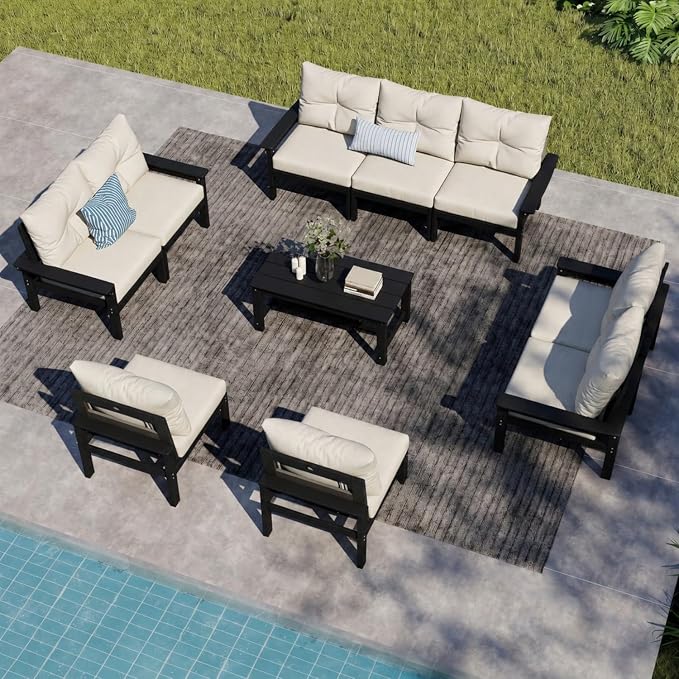 HDPE Outdoor Patio Furniture Set, 10-Piece Patio Conversation Sets with Coffee Table & Beige Washable Thick Cushions, Outdoor Sofa for Garden, Balcony, Porch, Yard (Black Frame)