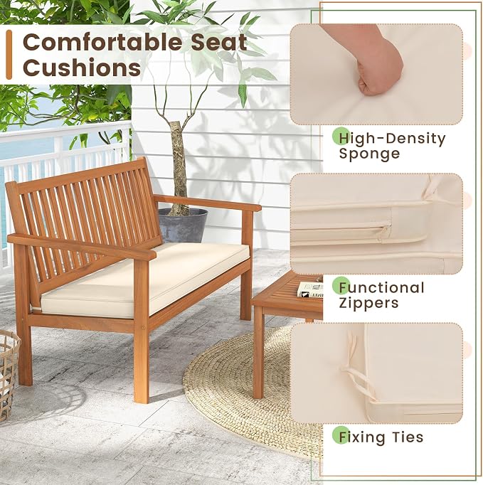Tangkula 4 Piece Patio Wood Furniture Set, Acacia Wood Sofa Set w/Loveseat, 2 Chairs & Coffee Table, Soft Seat Cushions, Outdoor Wood Furniture Set for Porch, Yard, Balcony (Off White), OneSize