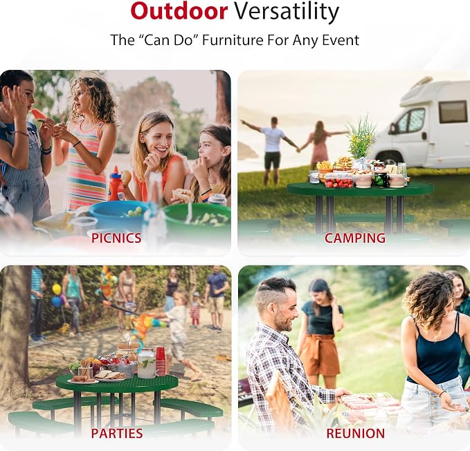 Leisure Craft Metal Picnic Table with Bench - 46" Round Outdoor Dining Table for 8 with Umbrella Hole, Weatherproof Heavy Duty Thermoplastic Coating, Commercial Grade Furniture Made in USA - Green