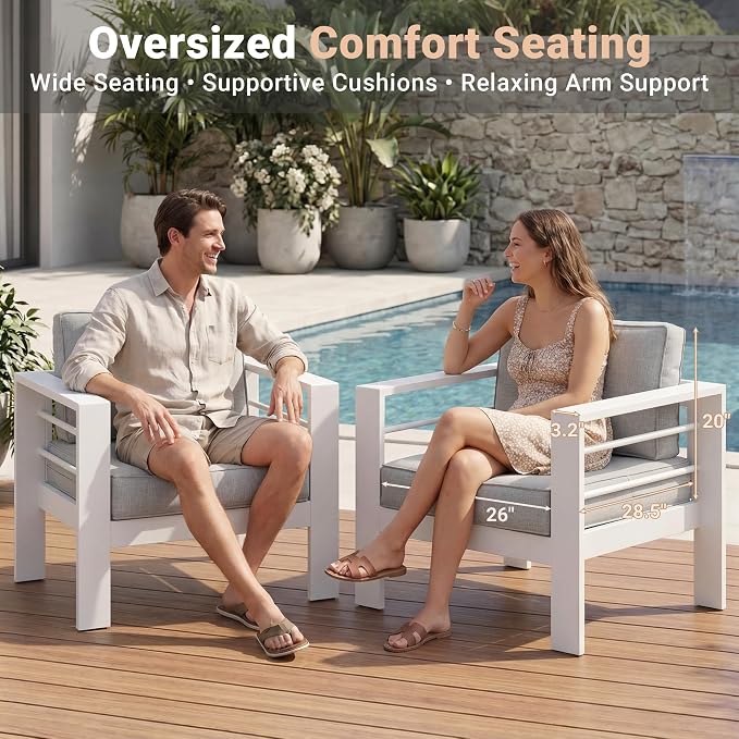 Solaste Aluminum Outdoor Loveseat with Coffee Table,2 PCS Patio Furniture Set with Cushions, All-Weather Outdoor Patio Sofa Sets for Balcony, Deck, Backyard, Porch, Garden, White