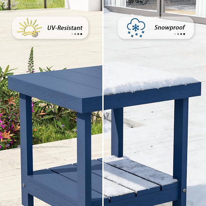 2-Tier HDPE Outdoor Square Side Table, Heavy-Duty Patio Side Table with Storage Shelf, Weather-Resistant Adirondack End Tables for Backyard, Pool, Porch, Garden, Lawn, Navy Blue