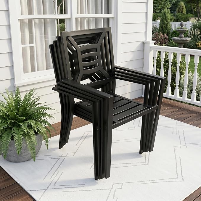 Patio Dining Chairs Set of 4, Stackable Metal Patio Chairs with High Back for Deck Bistro Porch Lawn, Black Wrought Iron Outdoor Dining Chairs