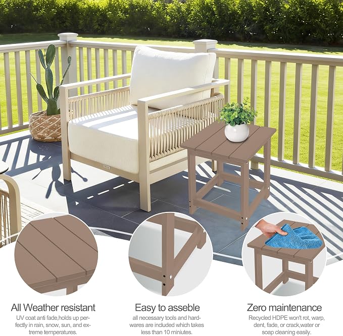 LZRS Square Patio Side Table, Heavy Duty HDPE Outdoor End Table with Wood Texture, Weatherproof Composite Table for Adirondack Chairs, Deck, Pool, Indoor/Outdoor, No Peeling Cracking(Weathered Wood)