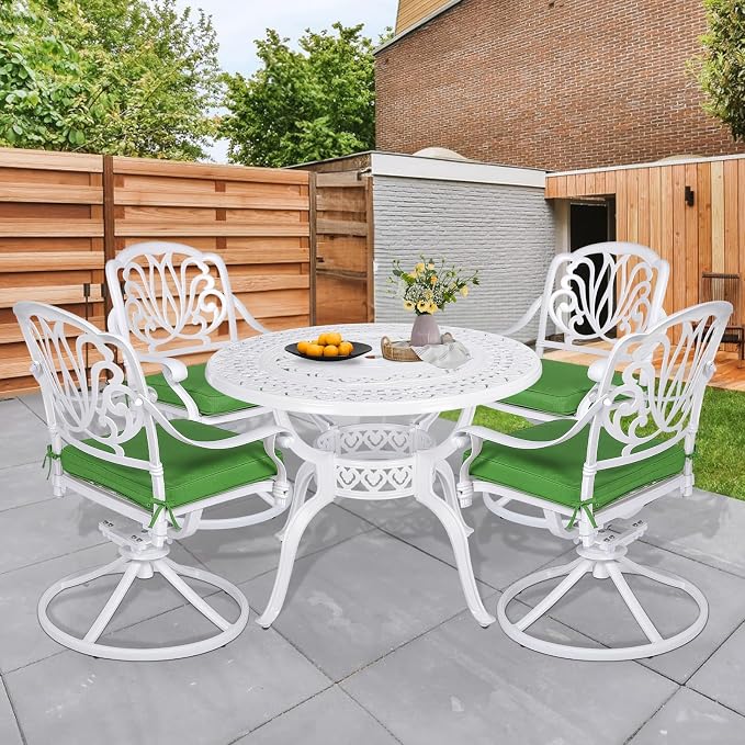 5 Piece Patio Dining Set, Outdoor Table and Chairs Set for 4 Cushioned Swivel Rocking Chairs and 38.5'' Round Table, All-Weather Cast Aluminum Patio Funiture Set, 2'' Umbrella Hole, White