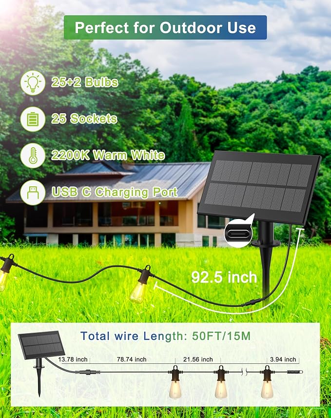 Zuske Solar String Lights Outdoor Waterproof 50FT with USB Port and 27 Shatterproof ST38 Bulbs(2 Spare), LED Solar Powered Patio Lights for Outside, Porch, Backyard, Bistro, Garden, Market - 2200K