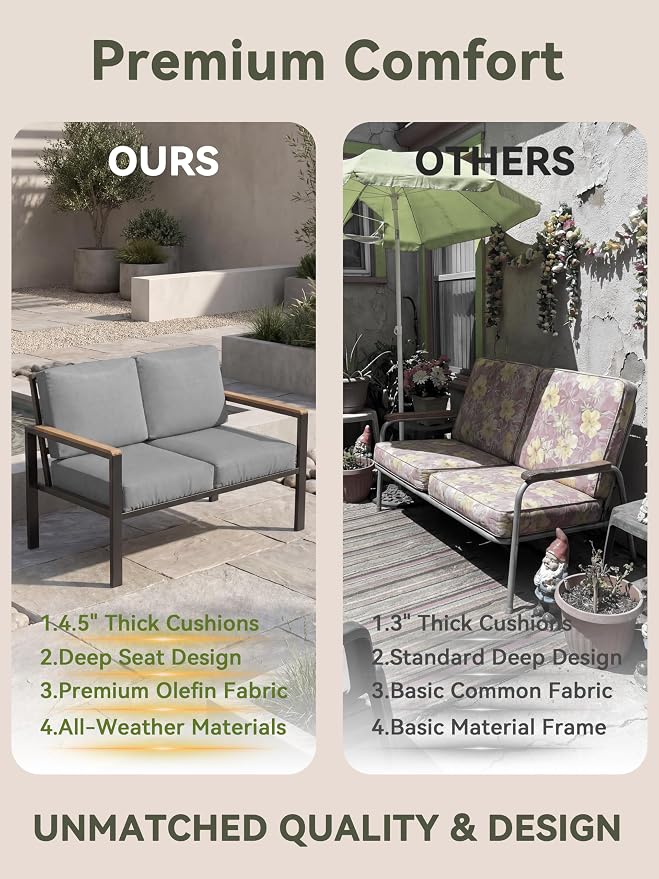5-Piece Patio Furniture Set with Fire Pit Table & Coffee Table & Removable Washable Cushions, All-Weather Metal Frame and Wood-Like Armrests for Porch, Garden, Balcony,Grey