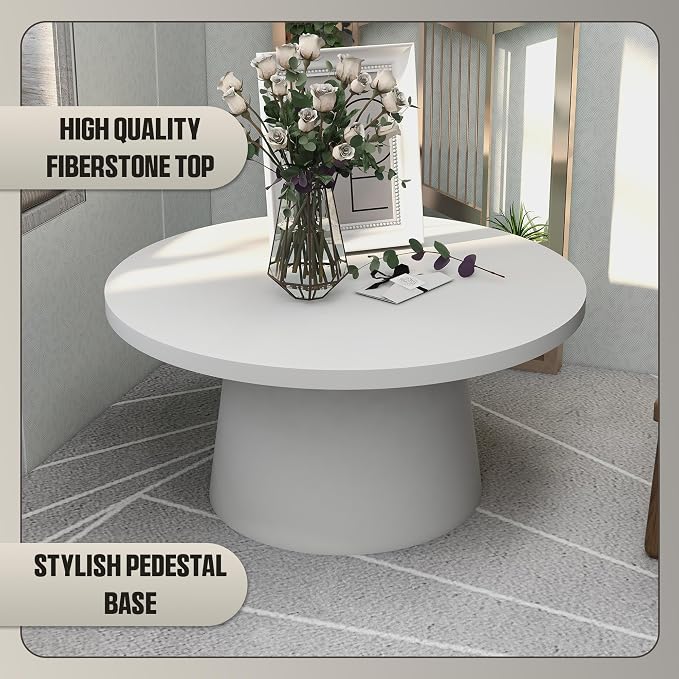 LeisureMod Minimalist White Side Table with Pedestal Base – Round Fiberstone Accent Table for Living Room, Outdoor, or Patio Use, Dune Series (White)