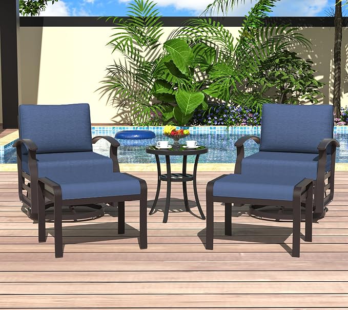 ALAULM 5 Piece Aluminum Outdoor Swivel Chairs High Back Metal Swivel Rocking Chairs with 5.1" Sponge Cushions, 2 Ottmans and 1 Coffee Table for Patio, Porch, Backyards, Garden(DarkBlue)