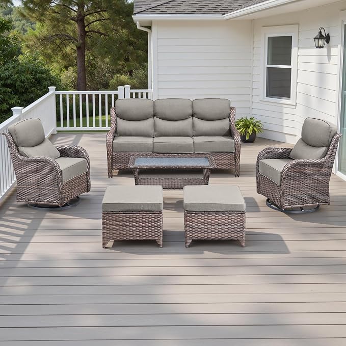 Rilyson Wicker Outdoor Patio Furniture Set - 6 Piece Patio Conversation Sets with Swivel Rocker Chairs, Ottomans, Sofa and Table, 6 inch Cushions, Deep Seating, for Porch Deck Brown/Beige