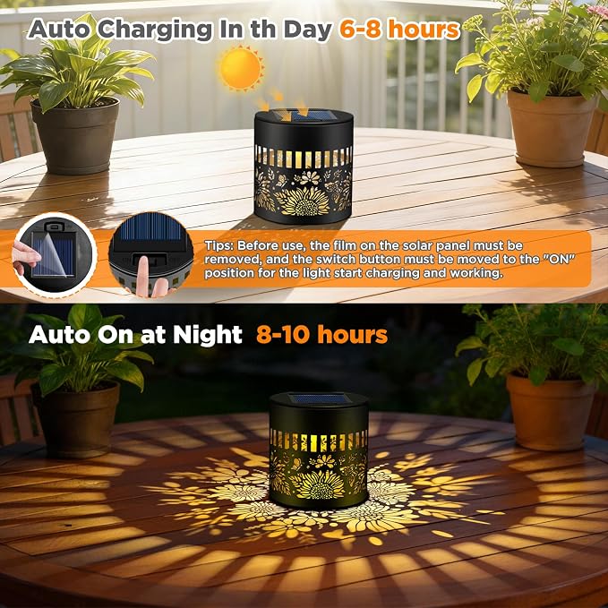 2 Pack Solar Fence Lights Outdoor, Metal Solar Powered Wall Deck Step Light | Sunflower Theme, Hanging LED Waterproof Decorative Lighting for Garden Patio Backyard Post Decor, Warm White