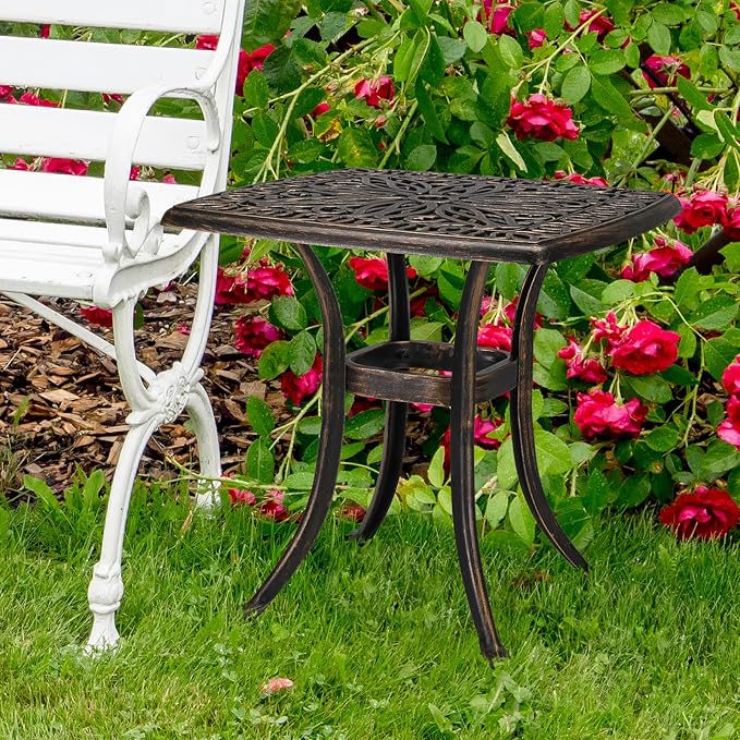 Cast Aluminum Square Patio Table with Umbrella Hole - 21.3 Inch Weather-Resistant Outdoor Bistro Table for Backyard, Poolside, Indoor/Outdoor, Easy Maintenance