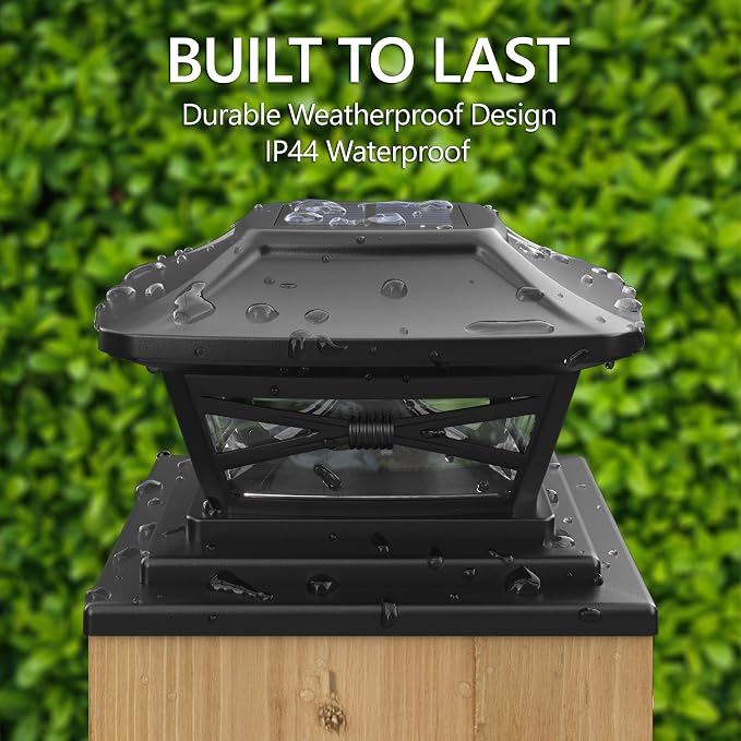 Davinci Renaissance Solar Outdoor Post Cap Lights, 4x4 5x5 6x6, Bright, 4PK | Slate Black, fence/deck/garden/patio posts, UV fade-protected plastic, auto-on, 7-8h runtime, cordless, IP44, 25lm warm white