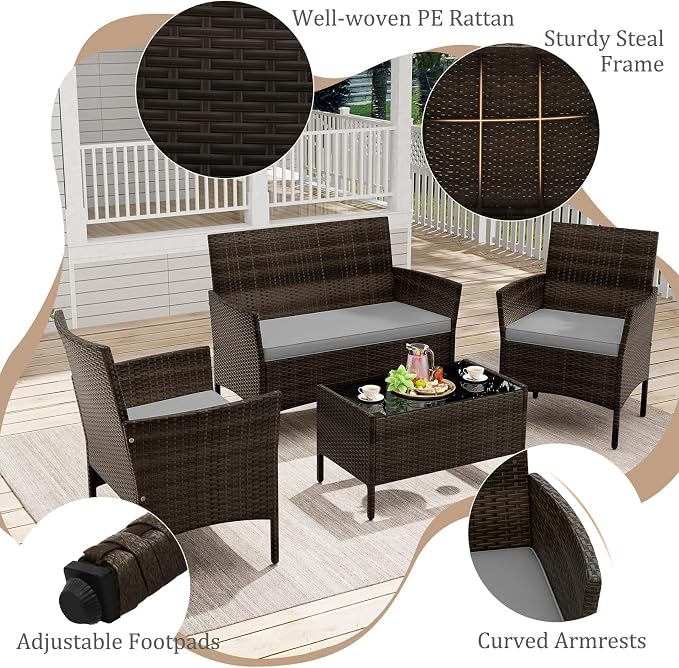 4 Piece Patio Furniture Set, Sectional Conversation Sofa Set with Glass Coffee Table, Cushions & Loveseat, Wicker Outdoor Table and Chairs for Pool, Garden, Deck, Backyard (2, Grey)
