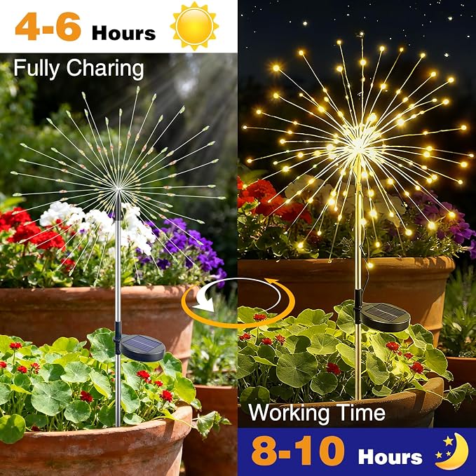 btfarm 1 Pack Solar Garden Lights Outdoor, 8 Modes Firework Lights Outside | 120LED, Waterproof Fairy Twinkle Light Solar Powered for Yard Christmas Pathway Lawn Pool Patio Decorative, Warm White