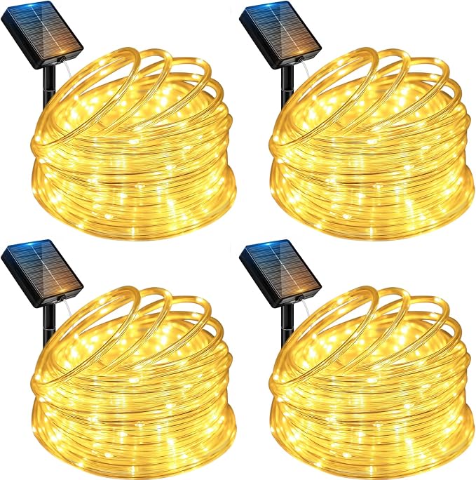 btfarm 4 Pack Solar Rope Lights, 120LED 46FT Solar String Lights Outdoor Waterproof, 8 Lighting Modes Solar Powered Strip Tube for Outside Garden Tree Christmas Yard Patio Wedding Decor, Warm White