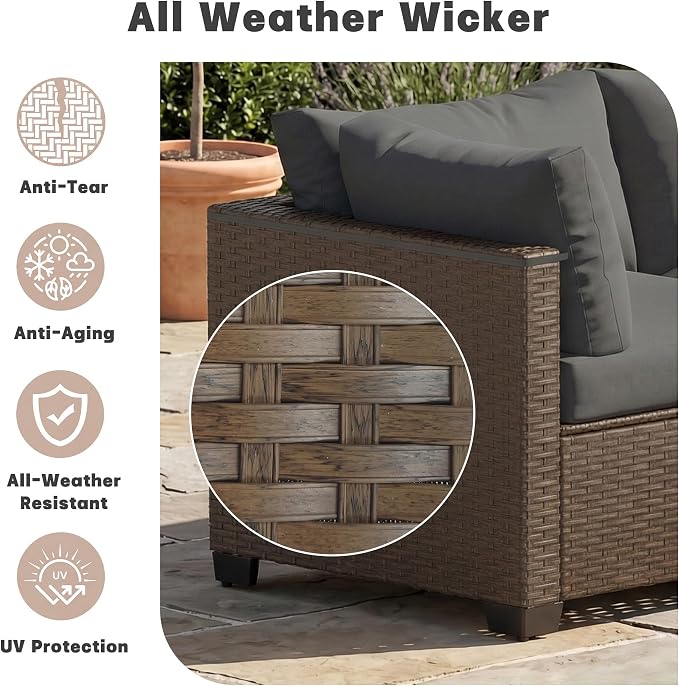 Patio Furniture Set, 7-Piece Outdoor Sectional Couch with Coffee Table & Thick Cushions, Outdoor Wicker Conversation Set for Backyard, Poolside, Garden (Brown-Grey, 7 Piece-Single)