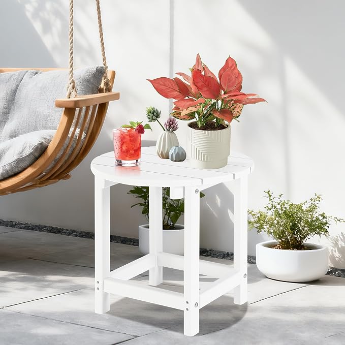 LZRS Adirondack Patio Side Table End Table, Outdoor Coffee Tables for Patio, Backyard,Pool, Indoor Companion, Easy Maintenance & Weather Resistant(White)