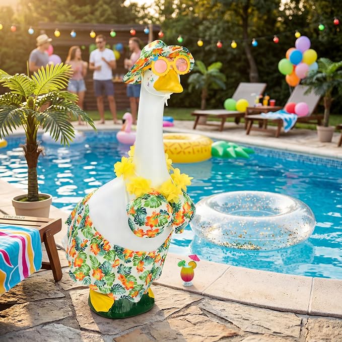 Green Bikini Goose Clothes Set with Sunglasses Lei Hat, Green Hawaiian Swimming Suits Porch Goose Outfits for 23 Inch Goose Statue, Summer Tropical Yard Garden Decor (Green)