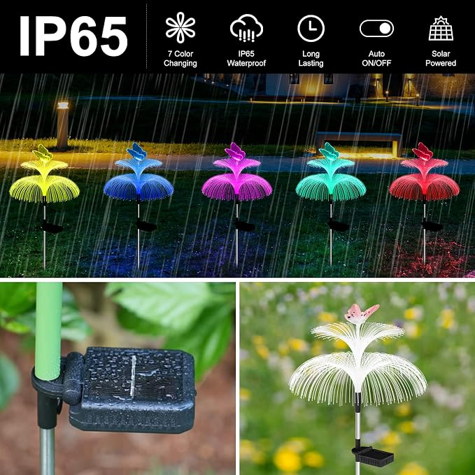 Weepong Solar Garden Lights Waterproof 3 Pack Solar Lights Outdoor Decorative 7 Color Changing Double Jellyfish and Butterfly Flower Garden Decor Yard Christmas Pool Outdoor, Gifts for Mother's Women