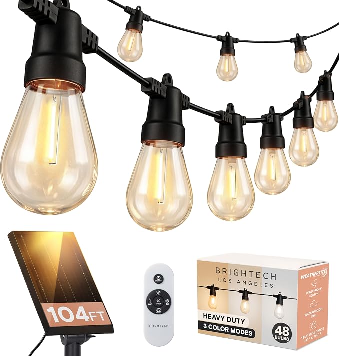 Brightech 104 (52x2) FT Ambience Pro Solar Powered Outdoor LED String Lights - Waterproof Remote Control Lights - 48 Bulbs, 7W Solar Powered Color Changing White Light for Camping, Patio, Garden