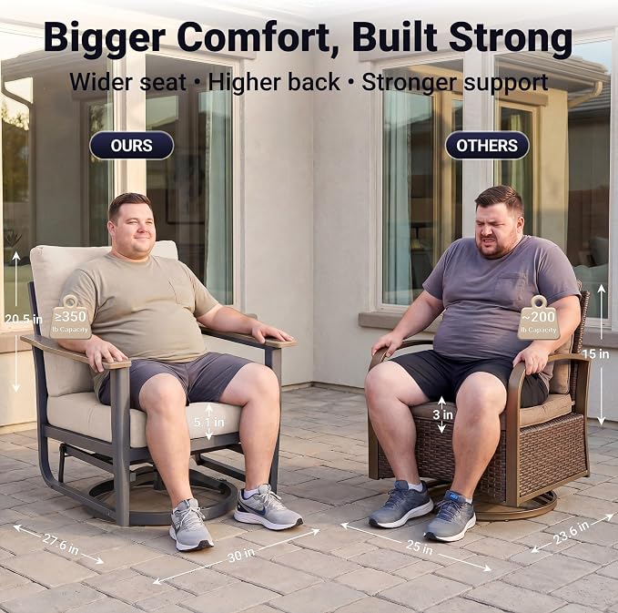 Aluminum Swivel Rocking Chairs, 3-Piece Outdoor Patio Furniture Set with Side Table, Rust-Proof Metal Gliders with Wood-Like Armrests & 5.1" Thick Cushions for Backyard, Porch, Khaki