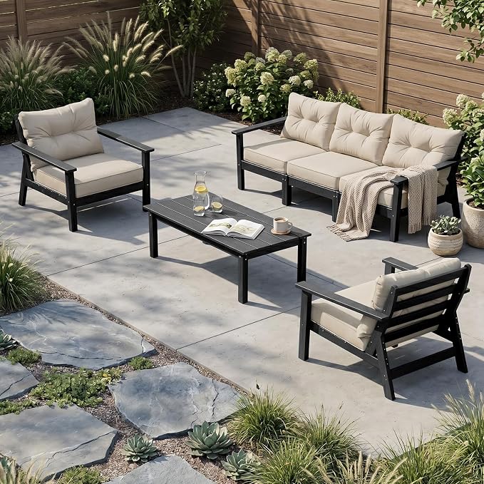 HDPE Patio Conversation Set 5 Seats, Outdoor Furniture Set, Patio Sofa Set | Water-Resistant Thick Cushion, HDPE All Weather, Wood-Grain, No Rot or Rust or Crack, UV Fade Shield, Easy-Clean for Outside