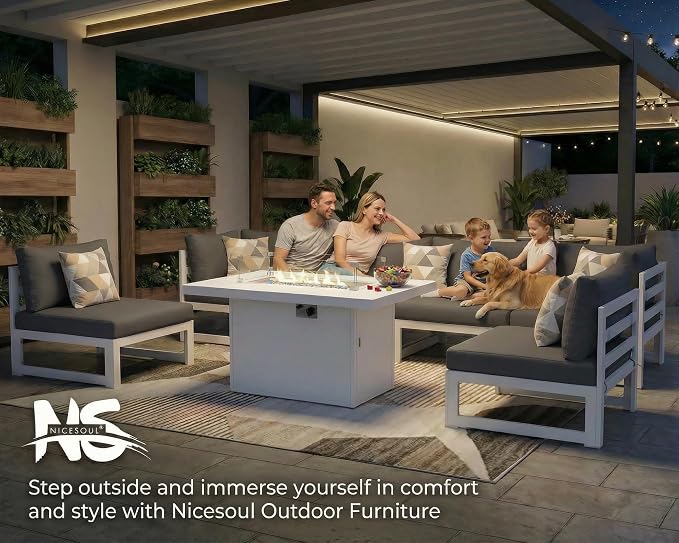 NICESOUL 7 Piece L-Shaped Contemporary Aluminum Outdoor Furniture Set with Firepit, 29" Deep Wide Large Couch Set, 500 lbs High Weight Capacity Modular Patio Sectional Sofa for Garden Lawn, Dark Grey