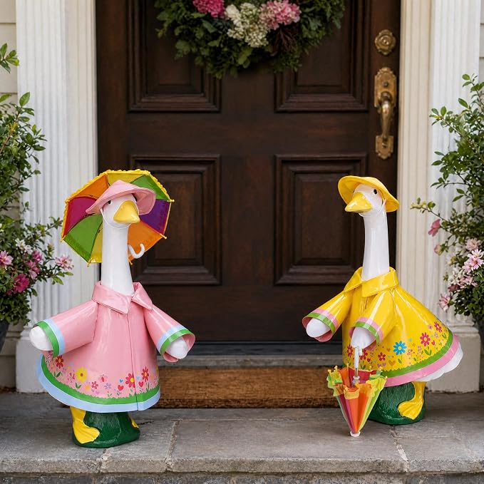 DECOHS 2 Set Raincoat Porch Goose Outfits, Summer Lawn Goose Statue Raincoat Costume, Yard Goose Clothes Raincoats Umbrella Hat Outfit for 23" Statue Patio Garden Decoration (Yellow & Pink)