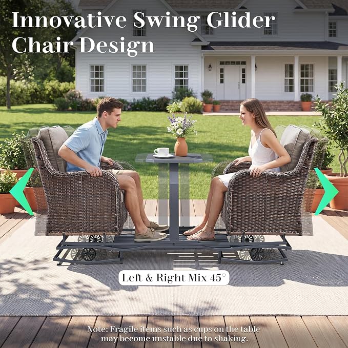 Rilyson Luxury Outdoor Wicker Glider Rocker Chairs for 4 Person, Outdoor Furniture Sets with 2 Piece Wicker Swivel Rocker Chairs, Rattan Glider Rocker Chairs with Table for 2 Seats Brown/Beige