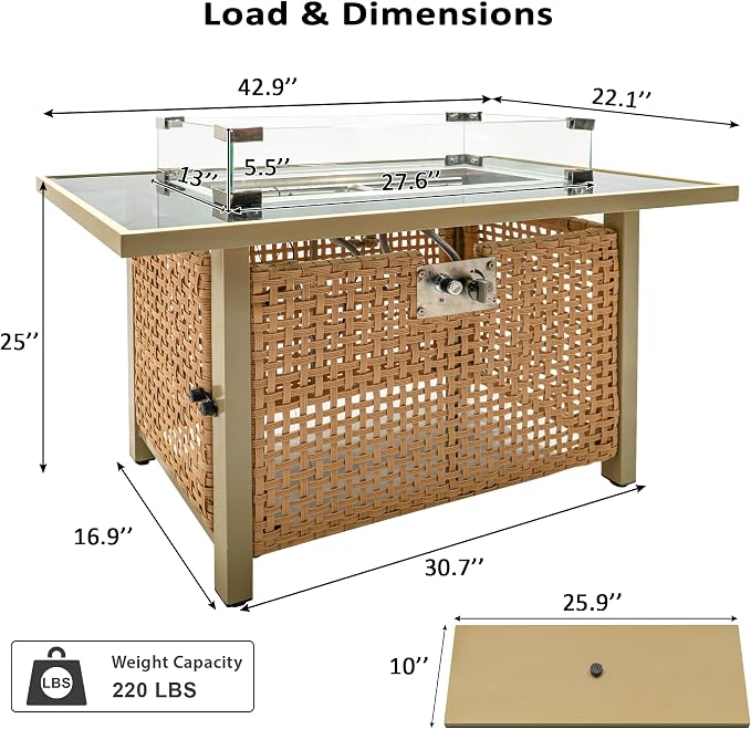 43" Propane Gas Fire Pit Table, 60000 Btu Rectangular Open Weave Wicker Fire Pit with Glass Wind Guard for Outside Patio Deck Garden Backyard - Orange & Mustard Yellow