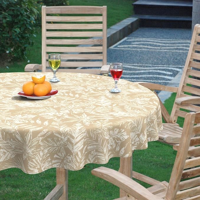 DYTXIII Outdoor Round Tablecloth with Umbrella Hole 60 Inch, Water Repellent & Fade Resistant Table Cover, All Weather Outdoor Tablecloth for Garden & Party Table, Tropical Leaf Oat
