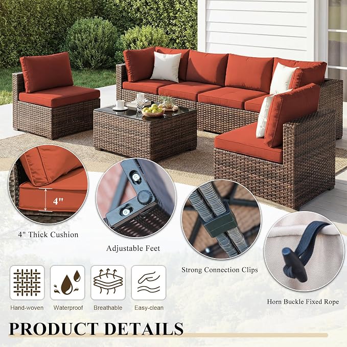9 Piece Patio Furniture Set All Weather PE Rattan Outdoor Sectional Sofa Couch with No-Slip Cushions and Glass Top Table for Garden, Poolside, Backyard (Red)