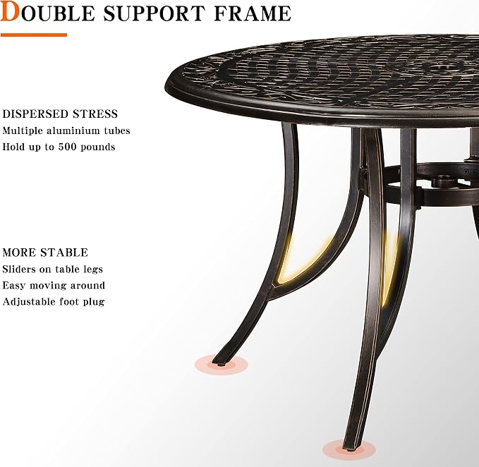 PURPLE LEAF Outdoor Dining Table 47'' Cast Aluminum Patio Funiture Table with Umbrella Hole Rhombic Round Patio Dining Table