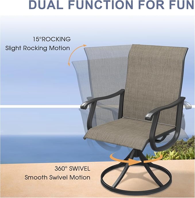 VICLLAX 8 Pieces Patio Dining Set with Patio Umbrella, 6 Patio Swivel Chairs and Metal Patio Table with 15ft Wheat Outdoor Umbrella for Backyard, Mixed Brown Chairs & Black Tabletop
