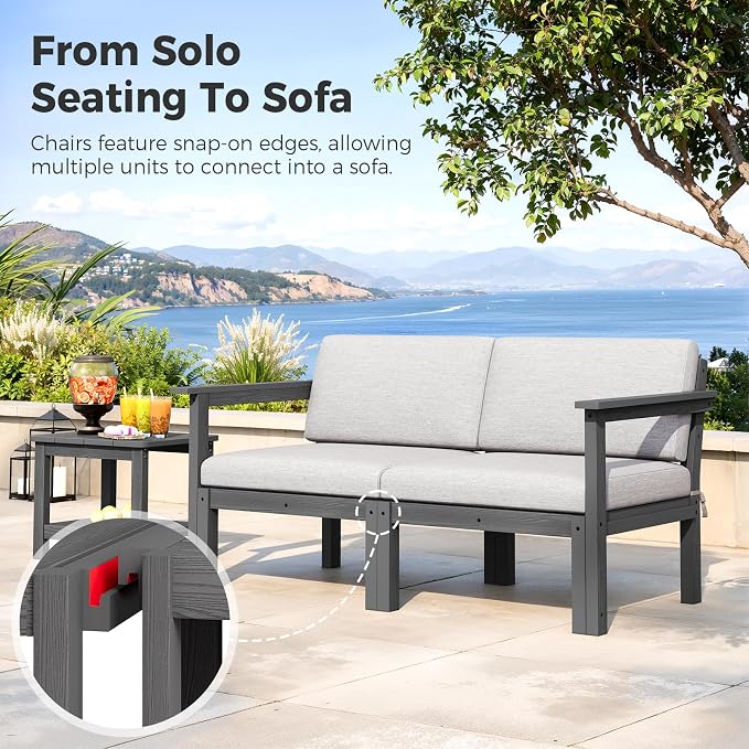 Modular Outdoor Patio Furniture Armless Seat, HIPS All-Weather Outdoor Sectional Sofa with High-Density Thick Cushions, Easy Side Interlock, Patio Seat for Backyard, Balcony, Deck (Grey)