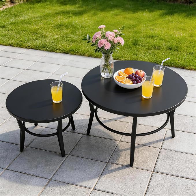Kurapika Aluminum Patio Furniture Set 5-Seat Modern Metal Outdoor Conversation Sets w/5.1 Inch Cushion Patio Sectional Sofa with 2 Round Coffee Tables, Black