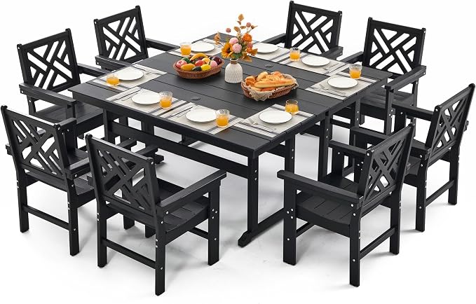 10 Piece HDPE Outdoor Dining Set for 8, Patio HDPE Furniture Set with 2 Table and Umbrella Hole, Outdoor Table and Chairs for Garden, Poolside, Backyard, Deck