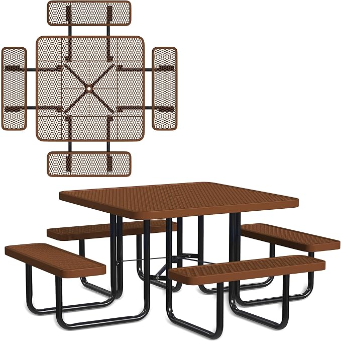 Leisure Craft Metal Picnic Table with Bench - 46" Square Outdoor Dining Table for 8 with Umbrella Hole, Weatherproof Heavy Duty Thermoplastic Coating, Commercial Grade Furniture Made in USA - Brown