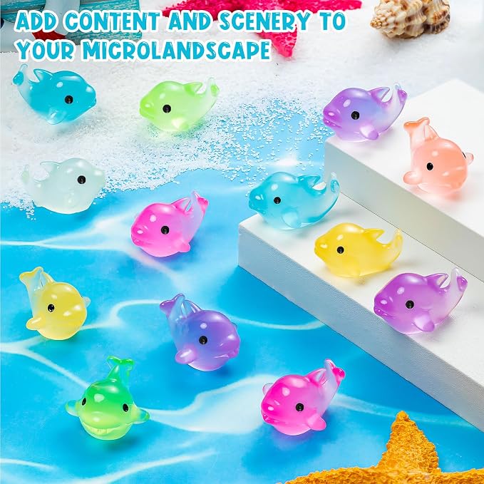 140PCS Luminous Mini Resin Dolphins Tiny Dolphin for Micro Garden | Tiny Dolphin Figurines Glow in The Dark, Cute Miniature Dolphins Animal Statues, Fairy Garden Landscape Birthday Hidden Game