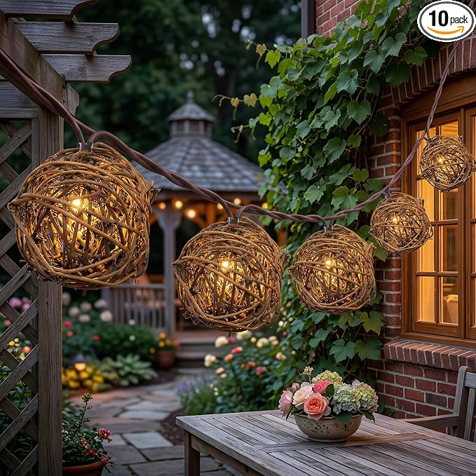 Rattan Ball String Lights, Handmade Boho Wicker Vine Lantern Lights with 10 LED Bulbs, 8.5FT Connectable Indoor Outdoor String Light Plug in for Bedroom X-mas Wedding Garden Party Decor