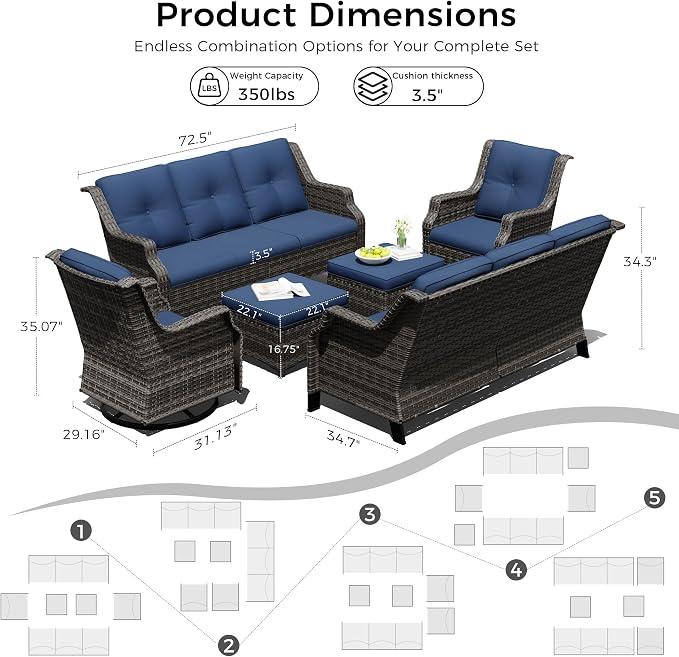 Outdoor Patio Furniture Set, 6 Piece Wicker Patio Furniture with Thick Cushions, Curved Armrest, Deep Seating, Rattan Outdoor Chairs for Porch, Deck, Balcony