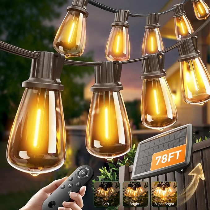 addlon 78(72+6) FT Solar String Lights Waterproof with Remote USB, 24+2 LED | Shatterproof Bulbs Patio Lights, Dimmable & Timable 3 Lighting Modes Solar Light for Backyard Camping Garden Decor