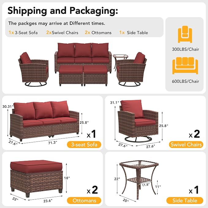 Patio Furniture Set, 6 Pcs Patio Outdoor Sectional, Wicker Outdoor Couch with Swivel Chair, Ottomans, Side Table, 4" Thick Cushion, for Garden Backyard Deck,Wine Red