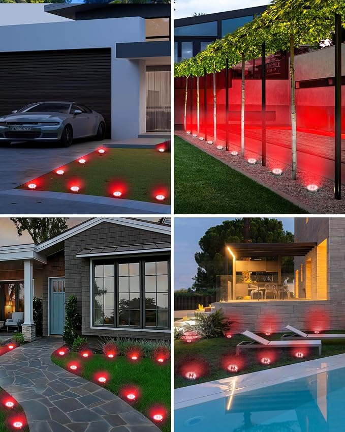 btfarm 16 Pack Solar Lights Outdoor, 8 LED Solar Ground Lights IP65 Waterproof Flat Solar Disc Light, Pathway Lights for Garden Lawn Patio Yard Path Landscape, Red