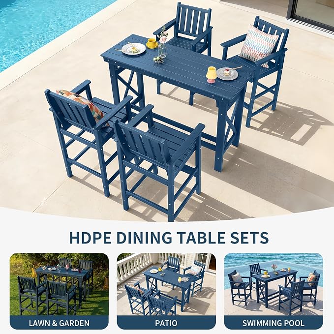 5-Piece Outdoor Bar Table and Chairs Set, HDPE Counter Height Patio Dining Table with 4 Adirondack Bar Chairs, Adirondack Bar Height Chairs and Bar Table for Bistro, Poolside, Backyard, Blue