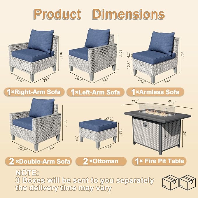 8 Pieces Patio Furniture Set with Fire Pit Table and Ottomans, Modern Outdoor Sectional Sofa with Comfy Cushions, Modular Wicker Rattan Patio Conversation Set, Navy