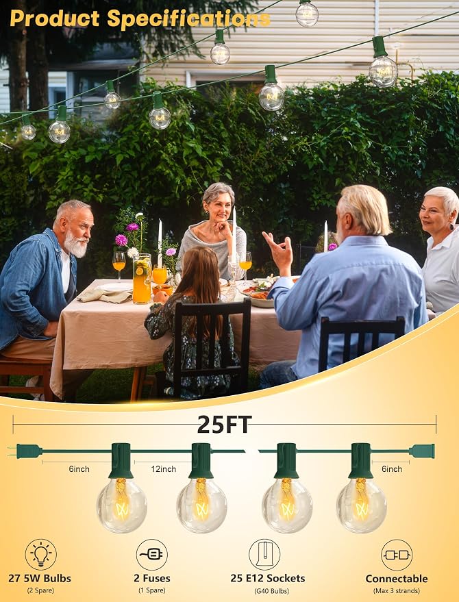 SUNSGNE 25Ft Christmas Round Lights, G40 Globe String Light with 27 Clear Bulbs, UL Certified for Outdoor Indoor Garden Party Wedding Pergola Backyard Patio Xmas Decoration, Green Wire