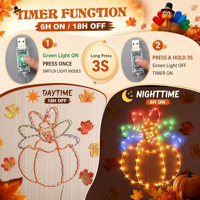 Hiboom Large Thanksgiving Turkey Pumpkin Window String Lights Decorations, Turkey String Light with Timer 8 Mode USB Powered for Fall Decor Home Party Indoor Outdoor(Yellow Red Green,16")